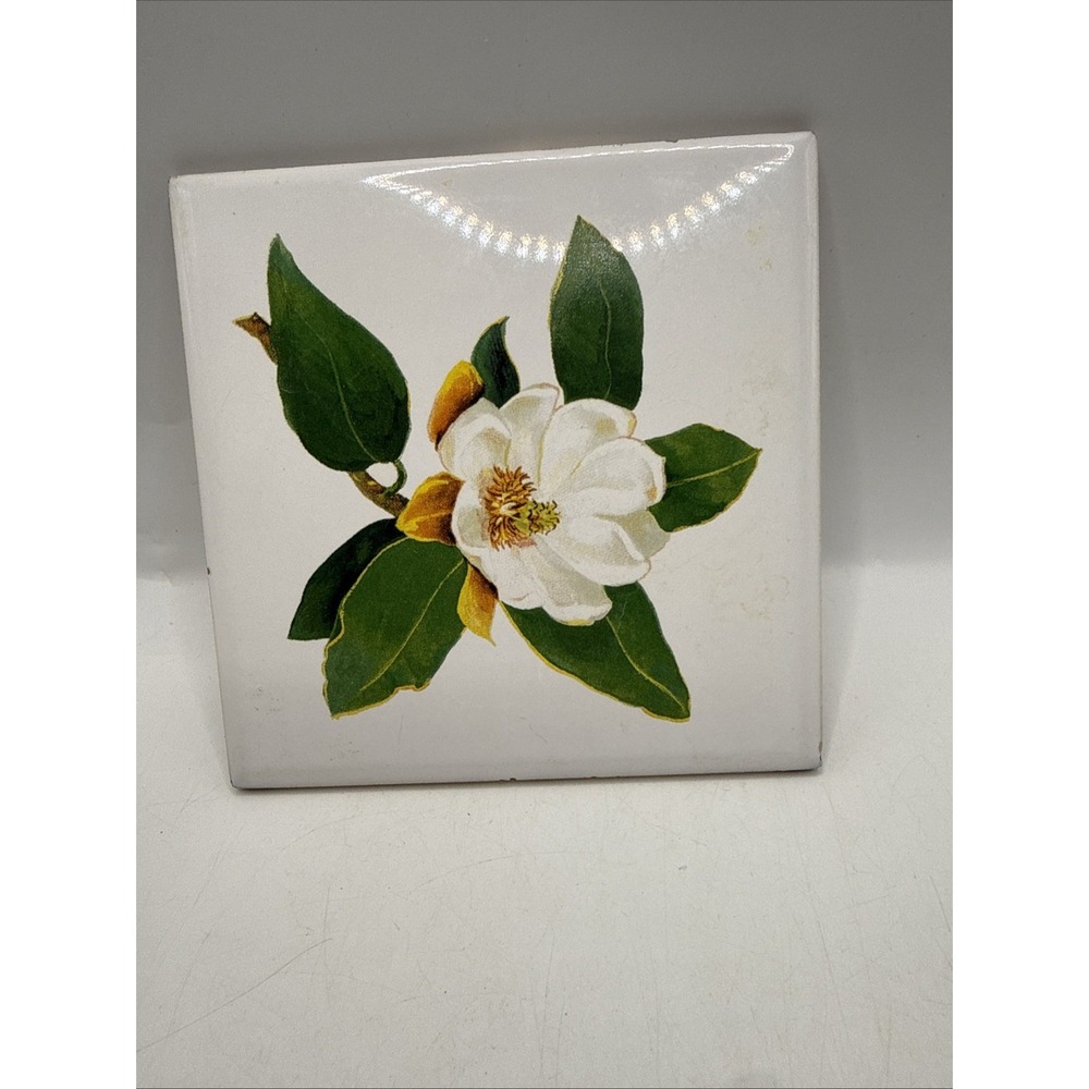 Vintage Magnolia Tile Trivet 4x4 Ceramic Floral White Magnolia